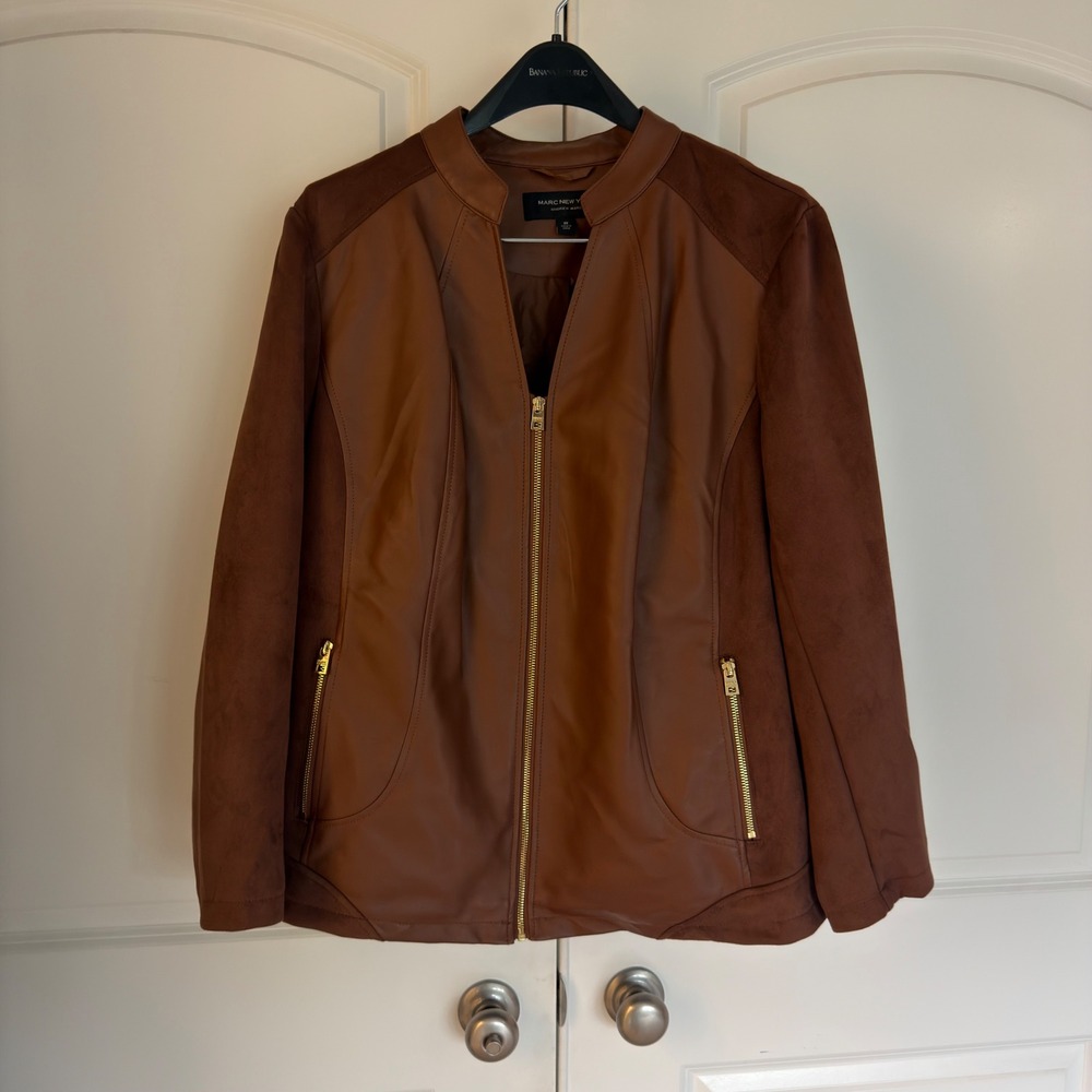 Marc New York Andrew Marc Faux Leather Suede Mixed Media Jacket Brown 2X